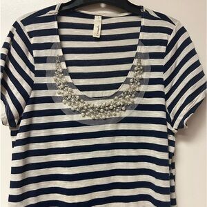 Loveappella Navy and White striped Blouse with Embellished Pearls